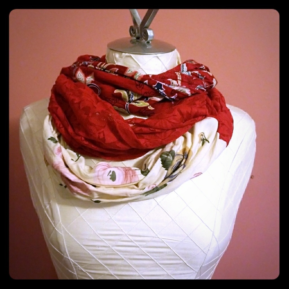 Red Three Fabric Patch Scarf